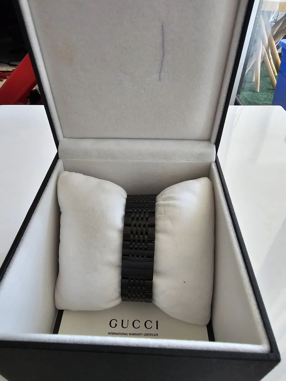 Gucci Black Stainless Steel Chronograph Watch with Red Accents
